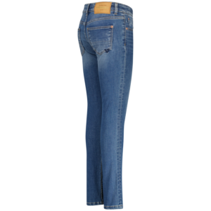 Back view of blue denim jeans showing rear pockets and a leather patch on the waistband.