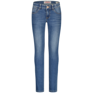 Front view of blue denim jeans with faded whiskering and copper button at the waistband (Vingino brand)