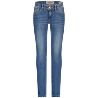 Front view of blue denim jeans with faded whiskering and copper button at the waistband (Vingino brand)