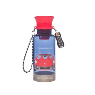 Blue water bottle with red flip-top lid, Porsche logo and car graphic on the front, plus a black strap and keychain.