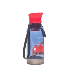 Blue water bottle with a red curved cap, Porsche car graphic, and black detachable strap on the side.