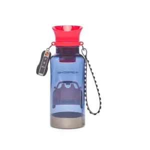 Blue translucent sports bottle with a red wide-mouth cap and car graphic inside, plus attached keychain and strap