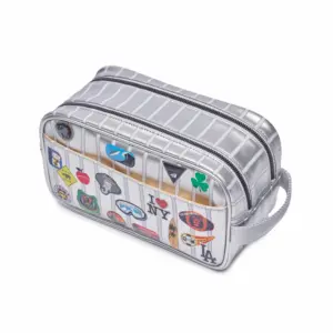 Silver zippered toiletry bag decorated with colorful travel stickers, including logos and badges