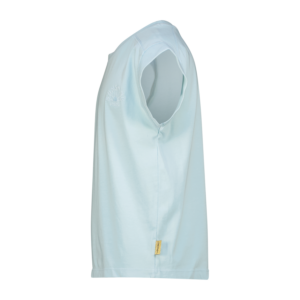 Light blue sleeveless shirt with a large armhole and a small gold tag at the hem (side view).