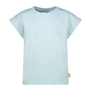 Light blue short-sleeve T-shirt with a small embossed sunburst logo on the chest.