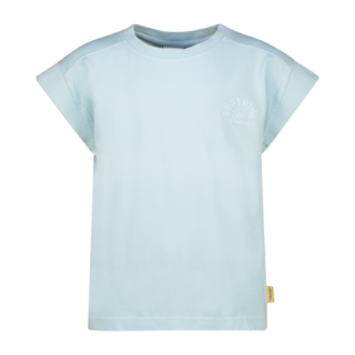 Light blue short-sleeve T-shirt with a small embossed sunburst logo on the chest.