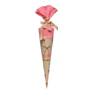 Cone-shaped gift bag resembling an ice cream cone, wrapped in pink tissue and tied with a gold ribbon bow.