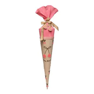 Cone-shaped gift bag resembling an ice cream cone, wrapped in pink tissue and tied with a gold ribbon bow.