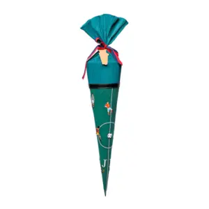 Turquoise conical gift cone with pleated tissue top tied by a red ribbon; surface shows small sports figures and circles design.