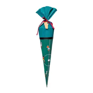 Turquoise conical gift cone with pleated tissue top tied by a red ribbon; surface shows small sports figures and circles design.
