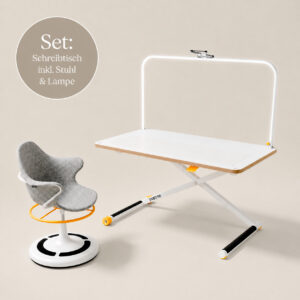 Product set: white desk with integrated light frame, accompanying gray curved chair with orange base on a beige background