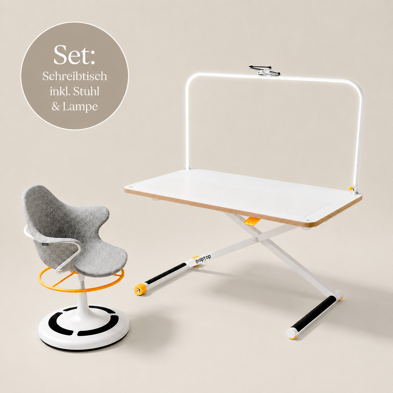 Set_poptop Product set: white desk with integrated light frame, accompanying gray curved chair with orange base on a beige background