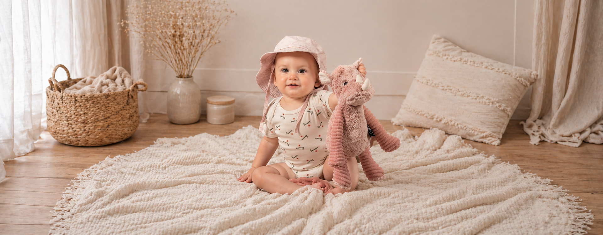 Baby in a pink hat sits on a fluffy cream rug, holding a pink stuffed dragon in a cozy neutral room.