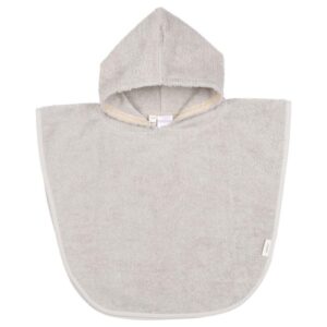 Light gray terry cloth hooded towel poncho for kids, with rounded bottom edge and white trim.