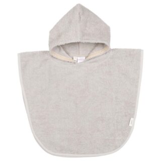 Light gray terry cloth hooded towel poncho for kids, with rounded bottom edge and white trim.