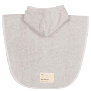 Gray hooded bath poncho towel for kids, terry fabric with a small label on the front.