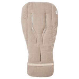 Beige padded baby stroller footmuff with harness openings and a simple front slot for the seatbelt.