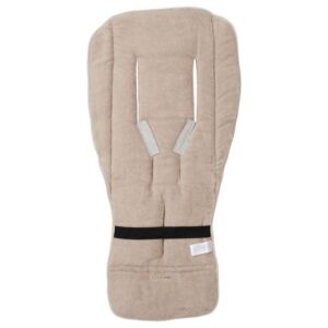 Beige padded oven mitt for handling hot pots and pans.