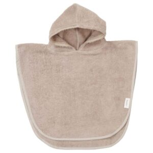 Beige terry cloth hooded towel poncho for a child, with a rounded bottom hem.