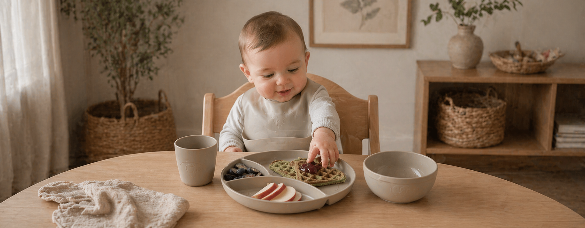 Baby seated at a wooden table reaches for a waffle in a divided plate with blueberries and apple slices nearby in a cozy dining room.