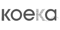 Brand logo with the word 'koeka' in bold gray letters on a patterned background.