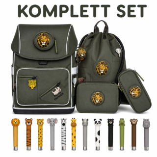 Complete green school bag set with lion patches and pencils lined up below.