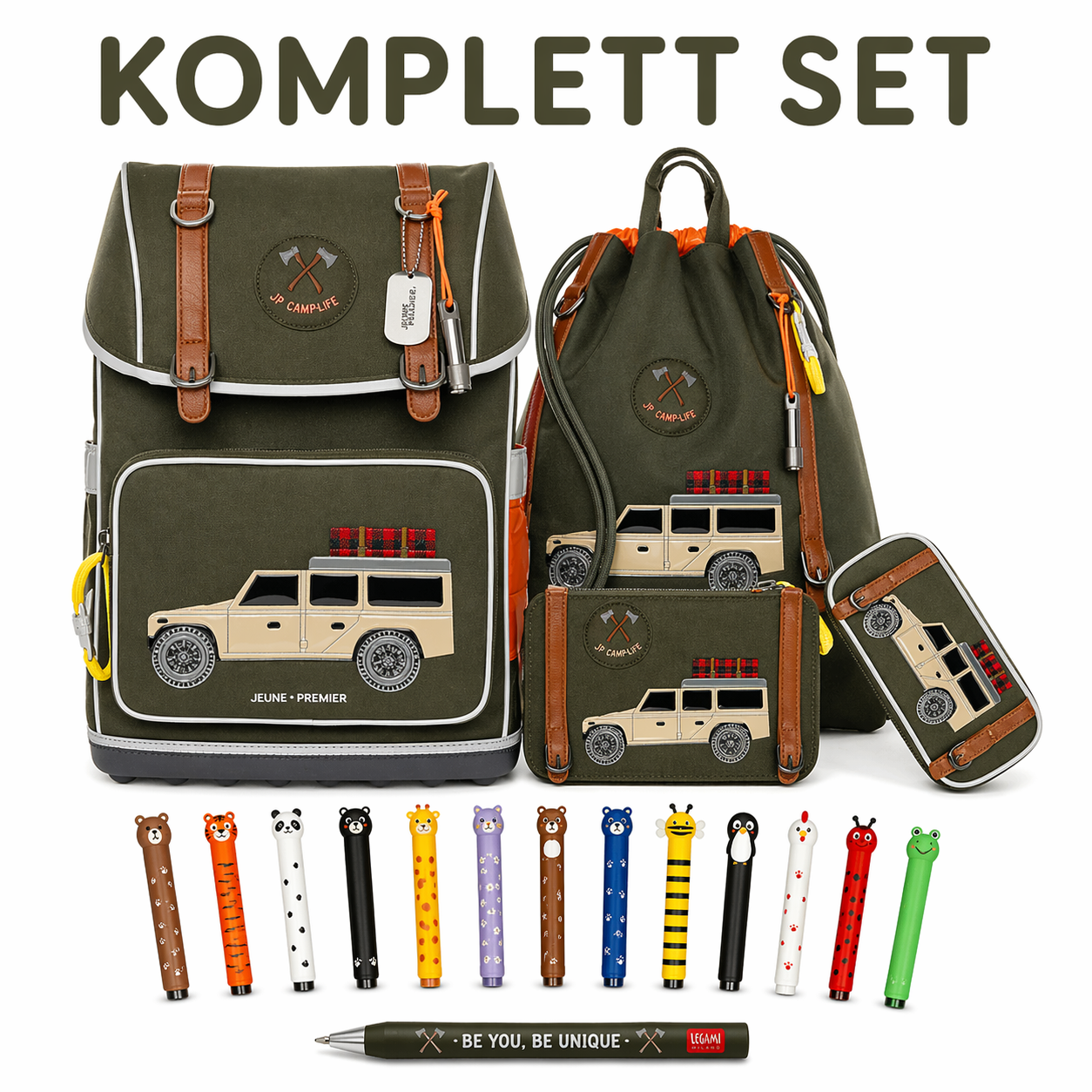 komplettsetcamplife Olive-green complete school gear set: large backpack, drawstring bag, two zipped pouches, and a pencil case with beige SUV graphics; plus colorful animal-themed pens in front.