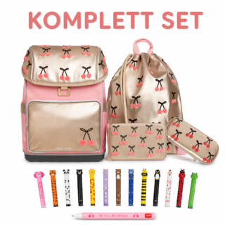 Pink and gold cherry-pattern backpack set with a backpack, drawstring bag, pencil case, small wallet, and matching pens shown below.