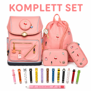 Pink kids' backpack set with a matching drawstring bag, pencil case, and pens, all in pastel pink with decorative charms and patches.