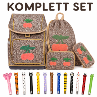 Leopard-print cherry-themed school backpack set with matching lunch bag, pencil case, and drawstring bag, plus colorful pen toppers at the bottom.