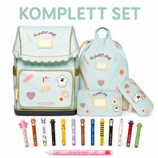 Complete pastel blue kids' backpack set including backpack, lunch bag, drawstring bag, pencil case, and colorful marker pens with cute patches.