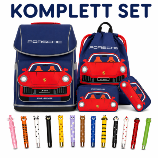 Kids' school supply set with blue and red car-themed backpacks, matching lunchbox and pencil case, plus colorful animal-topped pencils.