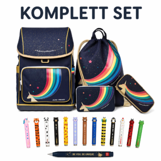 Complete student set: navy backpack with starry pattern and rainbow arc, matching lunch bag, pencil case, drawstring bag, and colorful pens/pencils.
