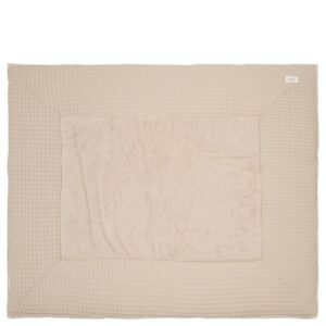 Beige square plush baby blanket with a textured waffle border and a smooth center panel.