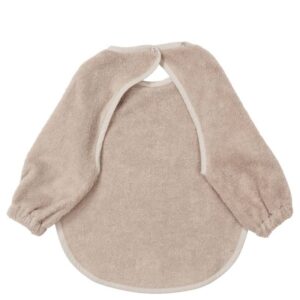 Beige terry cloth baby bath poncho with long sleeves and snap neck closure.