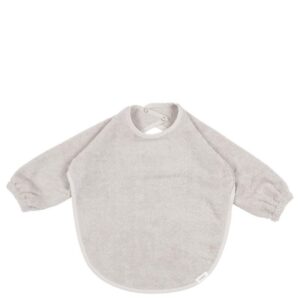 Light gray terry cloth baby bib with snap closure at the neck and rounded bottom edge.