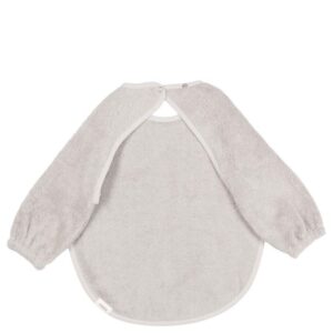 Grey baby towel with long sleeves and snap closure at the neck, shaped like a bib for baby bath time