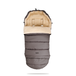 Grey insulated baby bunting bag with cream plush lining and hood, for newborns or infants