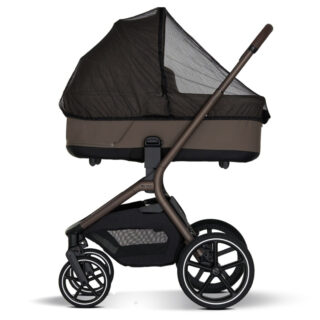 Baby stroller with a brown bassinet and mesh canopy on a sturdy frame, side view.