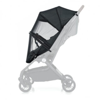 Side view of a gray baby stroller with a black seat and extended sun canopy