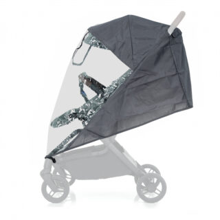 Gray rain canopy for a stroller with a clear plastic window to keep the baby dry.