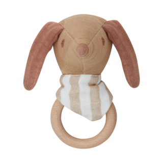 Wooden bunny teether with pink ears and striped scarf, attached to a circular ring for babies to chew and hold