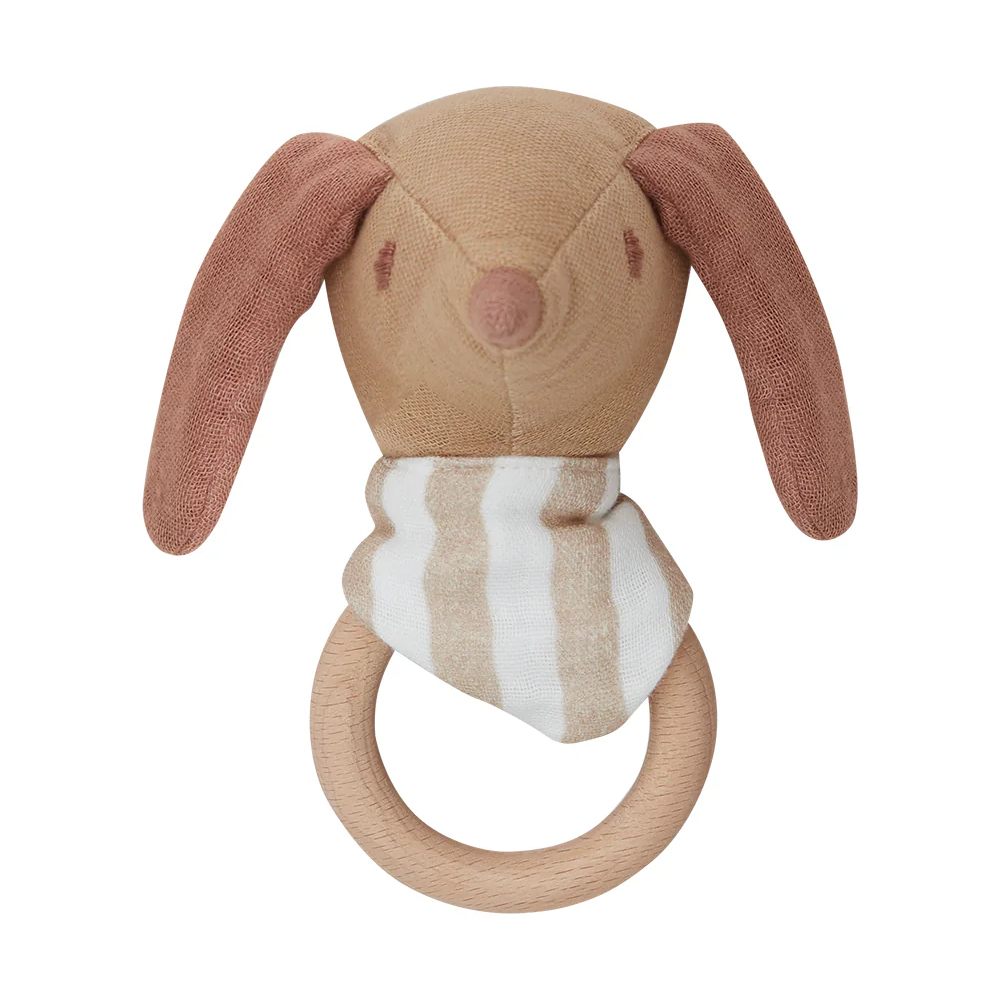 square_image Wooden bunny teether with pink ears and striped scarf, attached to a circular ring for babies to chew and hold