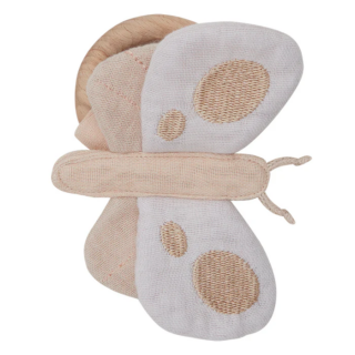 Pair of beige fabric exfoliating bath mitts with dotted textured pads tied together with string