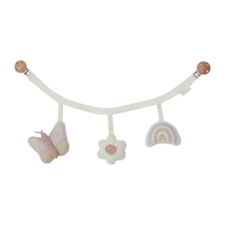 Soft white fabric garland/mobile with three crocheted shapes: butterfly, flower, and rainbow, hanging from a curved bar with wooden ends