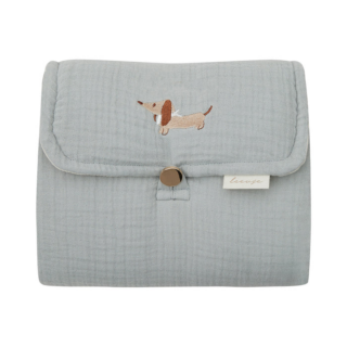 Light blue fabric cosmetic pouch with a dachshund embroidery and a snap button closure, plus a small brand tag.