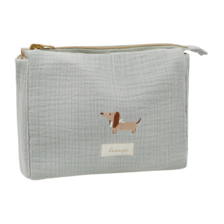 Gray fabric zippered pouch with a small embroidered dachshund and a beige label, likely a cosmetic or coin purse