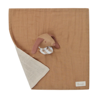 Brown baby blanket with a soft beige corner folded over and a small plush bunny resting on top.