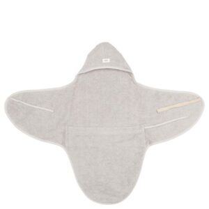 Gray hooded baby blanket with wing-like side panels and small ties, laid flat