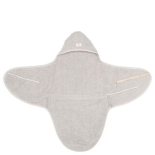 Gray hooded baby blanket with wing-like side panels and small ties, laid flat